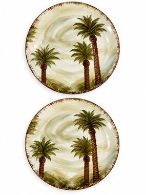 Z Gallerie Fiji Palm Tree Plates 9" Hand Painted Tropical Set of 2